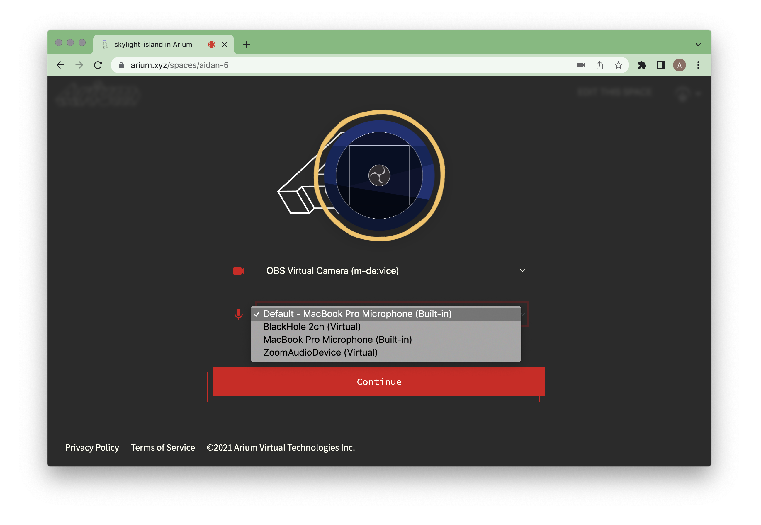Screen capture of Arium microphone settings
